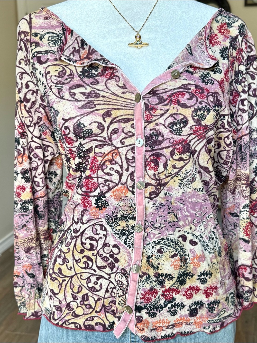 J.Jill Pink Velour Floral Tuscan Whimsigoth Womens Medium Long Sleeve Button Up